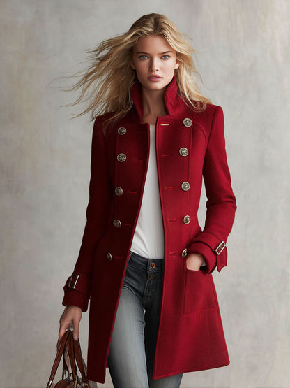 Classic Retro Red Stand-up Collar Double-breasted Coat