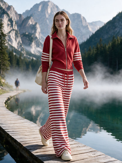 Casual And Comfortable Striped Red Fleece Jacket And Pants Set