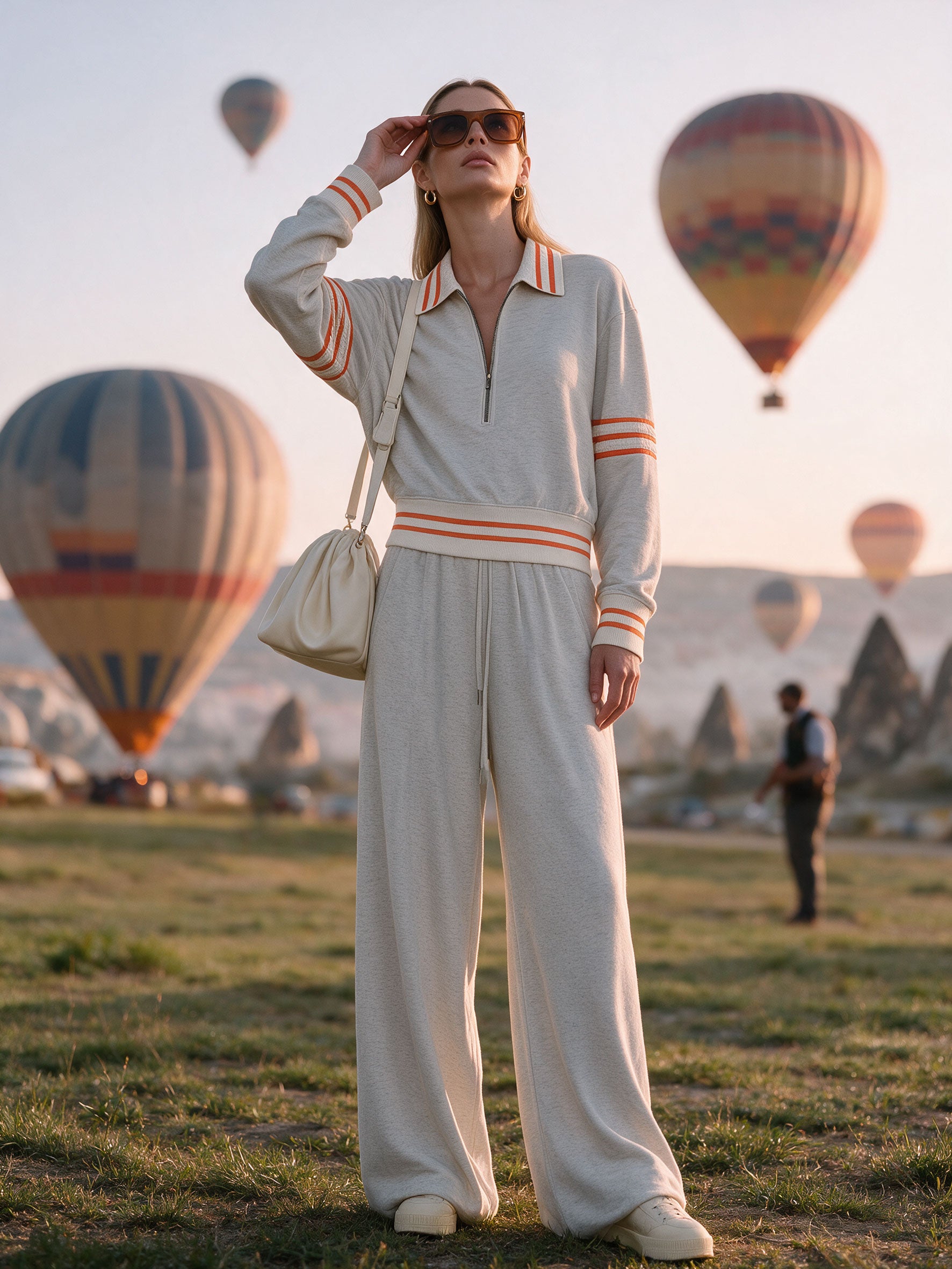 Casual And Comfortable Striped Gray And White Half-zip Sweatshirt And Pants Set