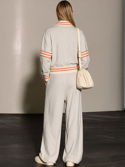 Casual And Comfortable Striped Gray And White Half-zip Sweatshirt And Pants Set