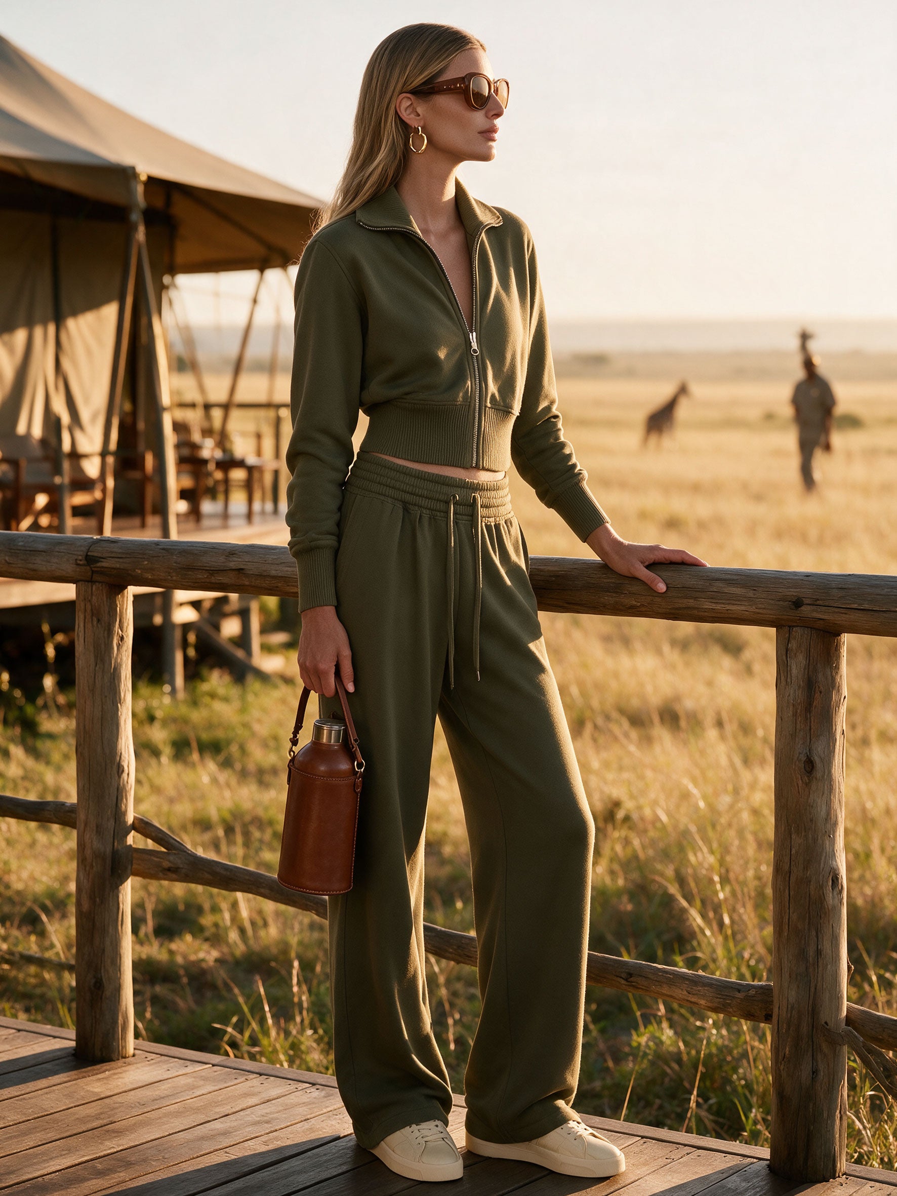 Exquisite And Comfortable Olive Green Zip-up Sweatshirt And Pants Set