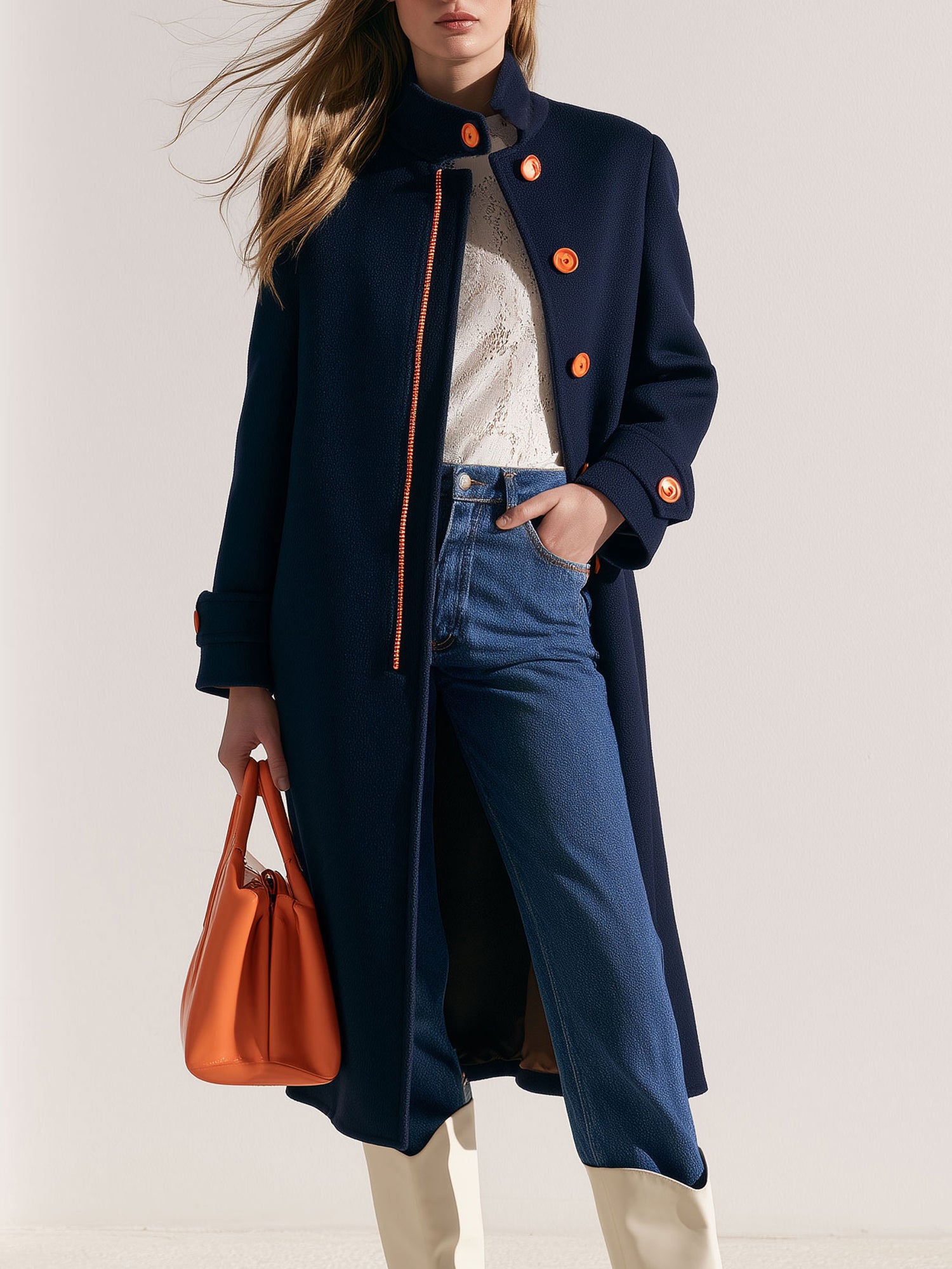 Casual And Comfortable Orange-buttoned Navy Blue Coat
