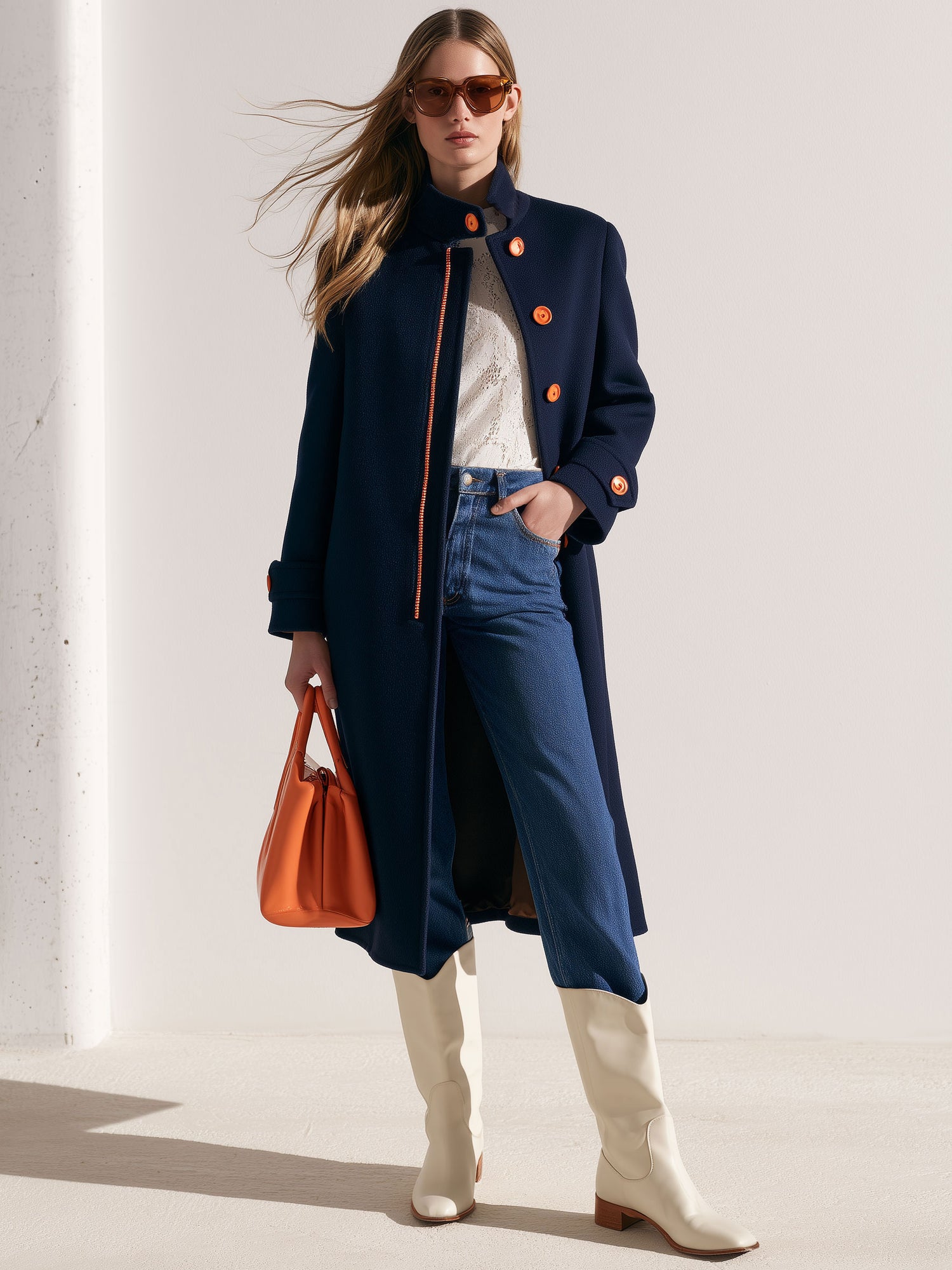 Casual And Comfortable Orange-buttoned Navy Blue Coat