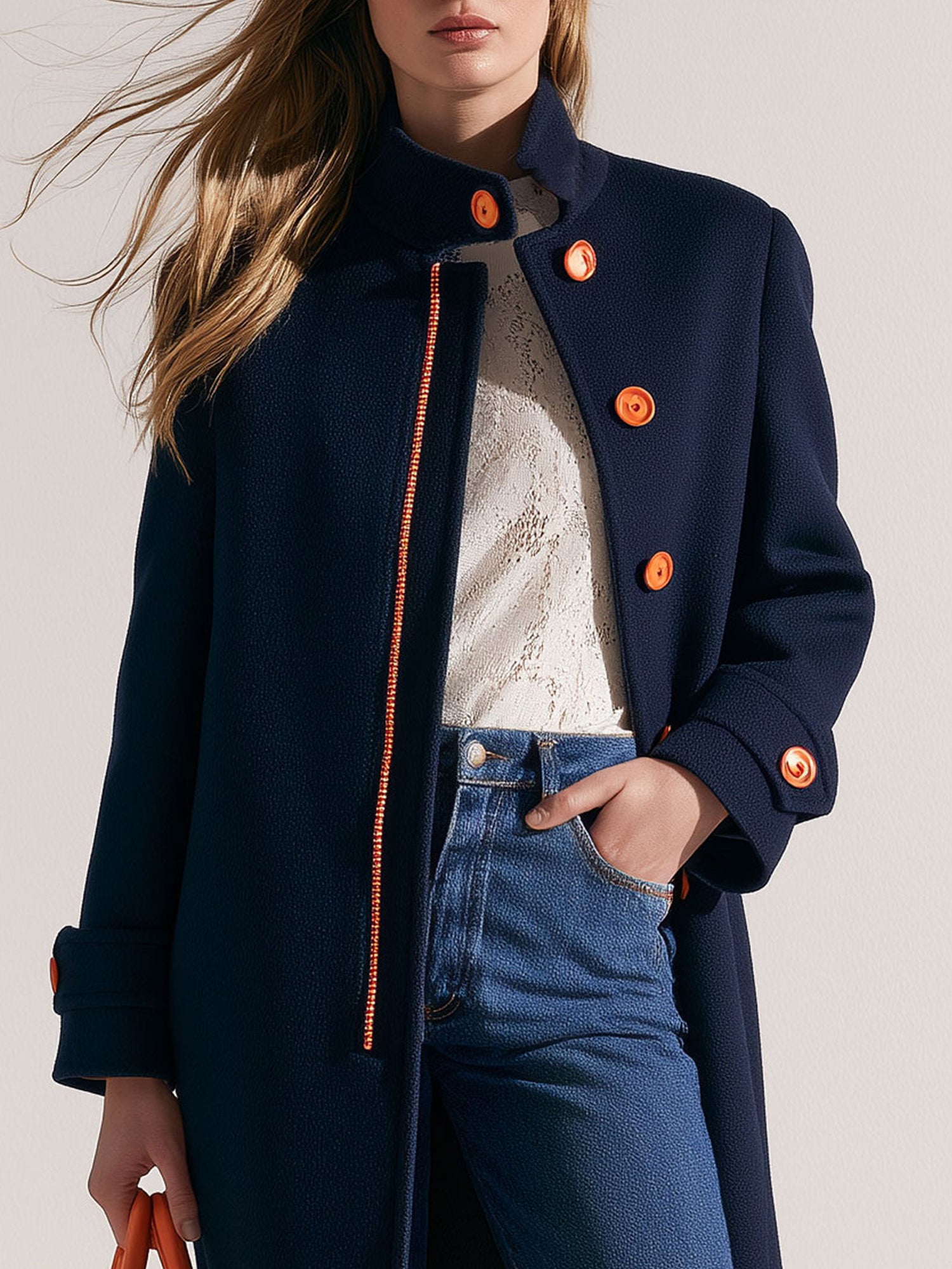 Casual And Comfortable Orange-buttoned Navy Blue Coat