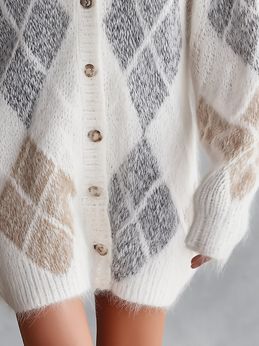Cozy Color-Block White Plaid V-Neck Knit Mini Dress