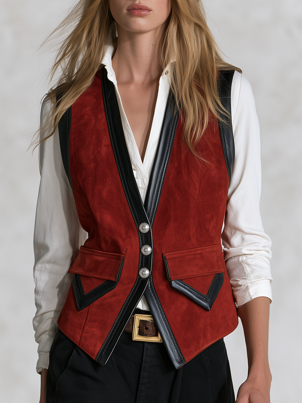 Retro-casual Elegant Red Faux-suede Vest