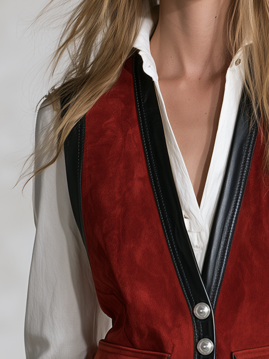 Retro-casual Elegant Red Faux-suede Vest