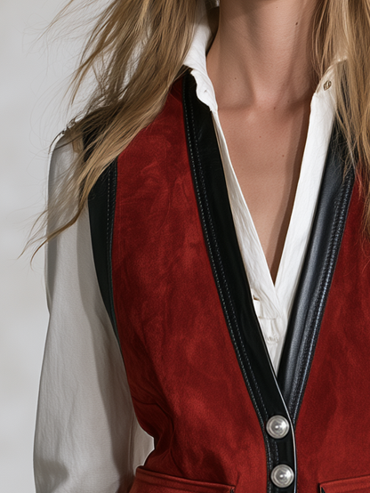 Retro-casual Elegant Red Faux-suede Vest