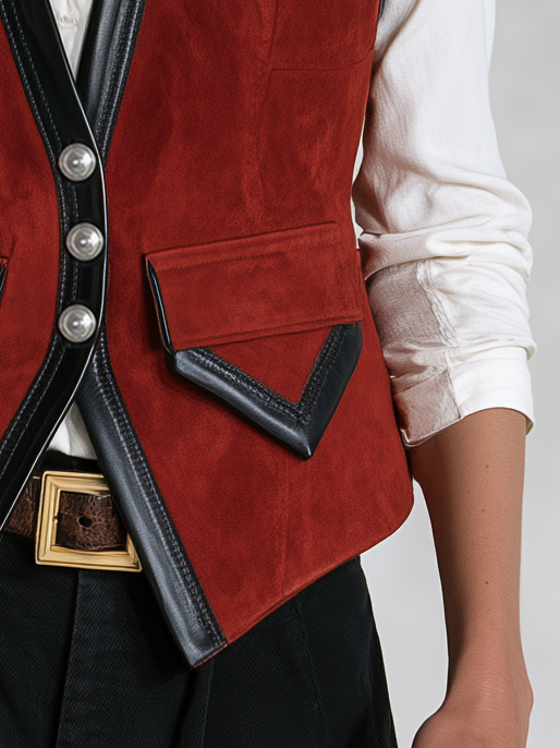 Retro-casual Elegant Red Faux-suede Vest