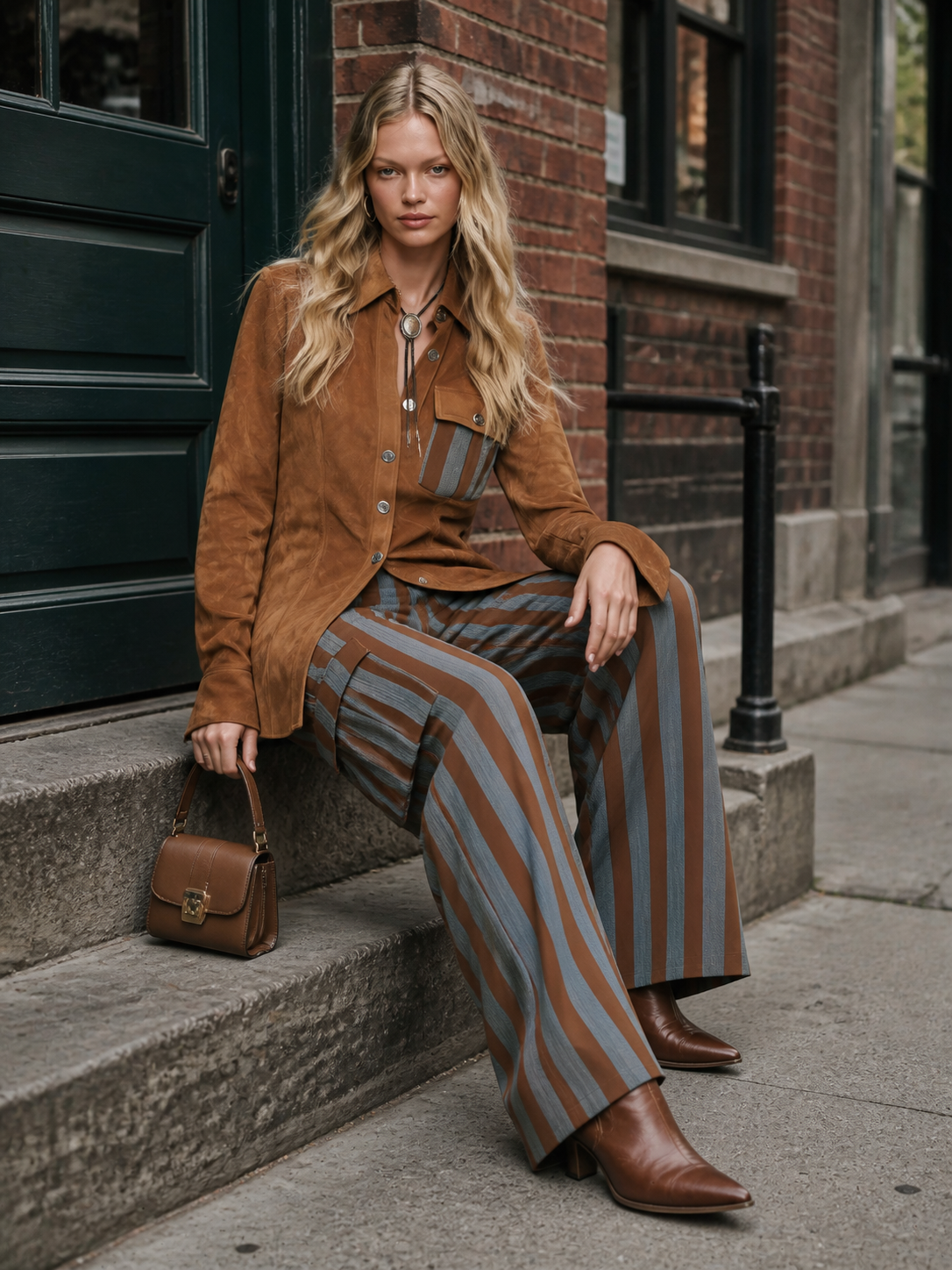 Retro-casual Elegant Faux Suede Shirt And Blue-and-brown Vertical Striped Trousers Set
