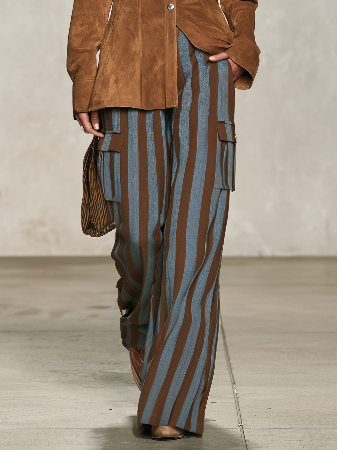 Retro-casual Elegant Faux Suede Shirt And Blue-and-brown Vertical Striped Trousers Set