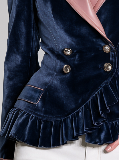 Retro-casual Elegant Jacket Featuring Velvet And PU Leather Paneling And Ruffle Details