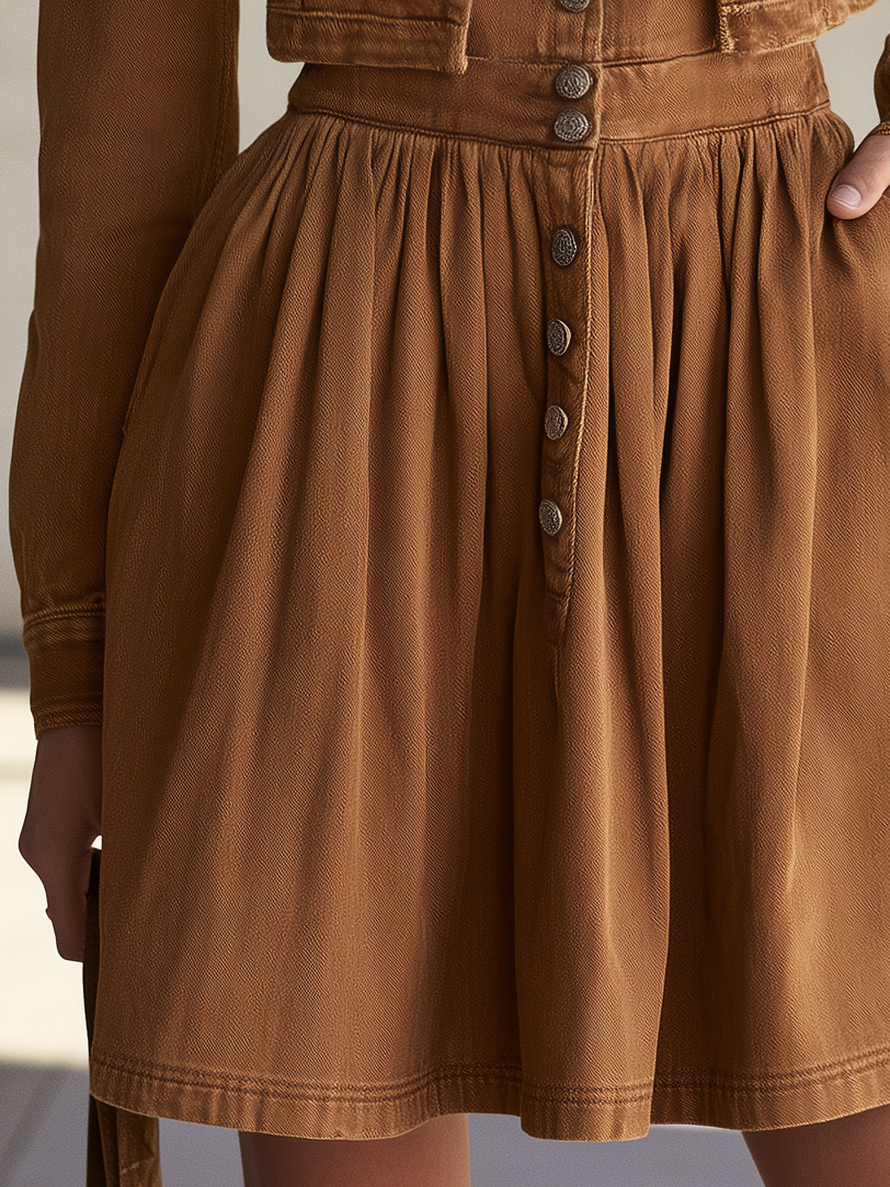 Women’s Brown Faux Two-Piece Denim Dress Button Front Western Mini