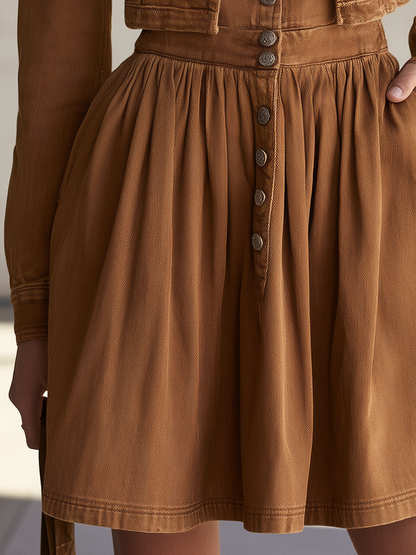 Women’s Brown Faux Two-Piece Denim Dress Button Front Western Mini