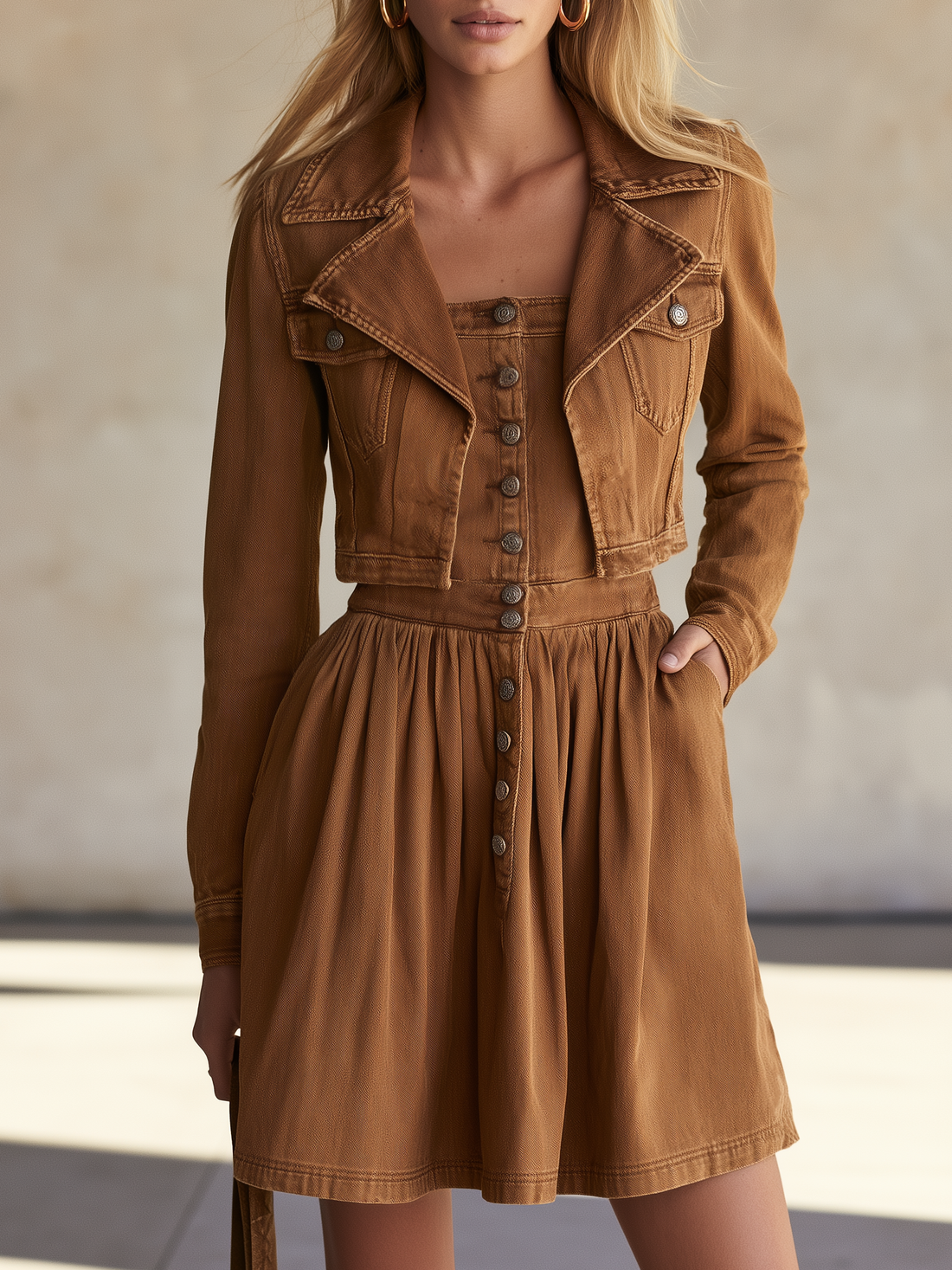 Women’s Brown Faux Two-Piece Denim Dress Button Front Western Mini