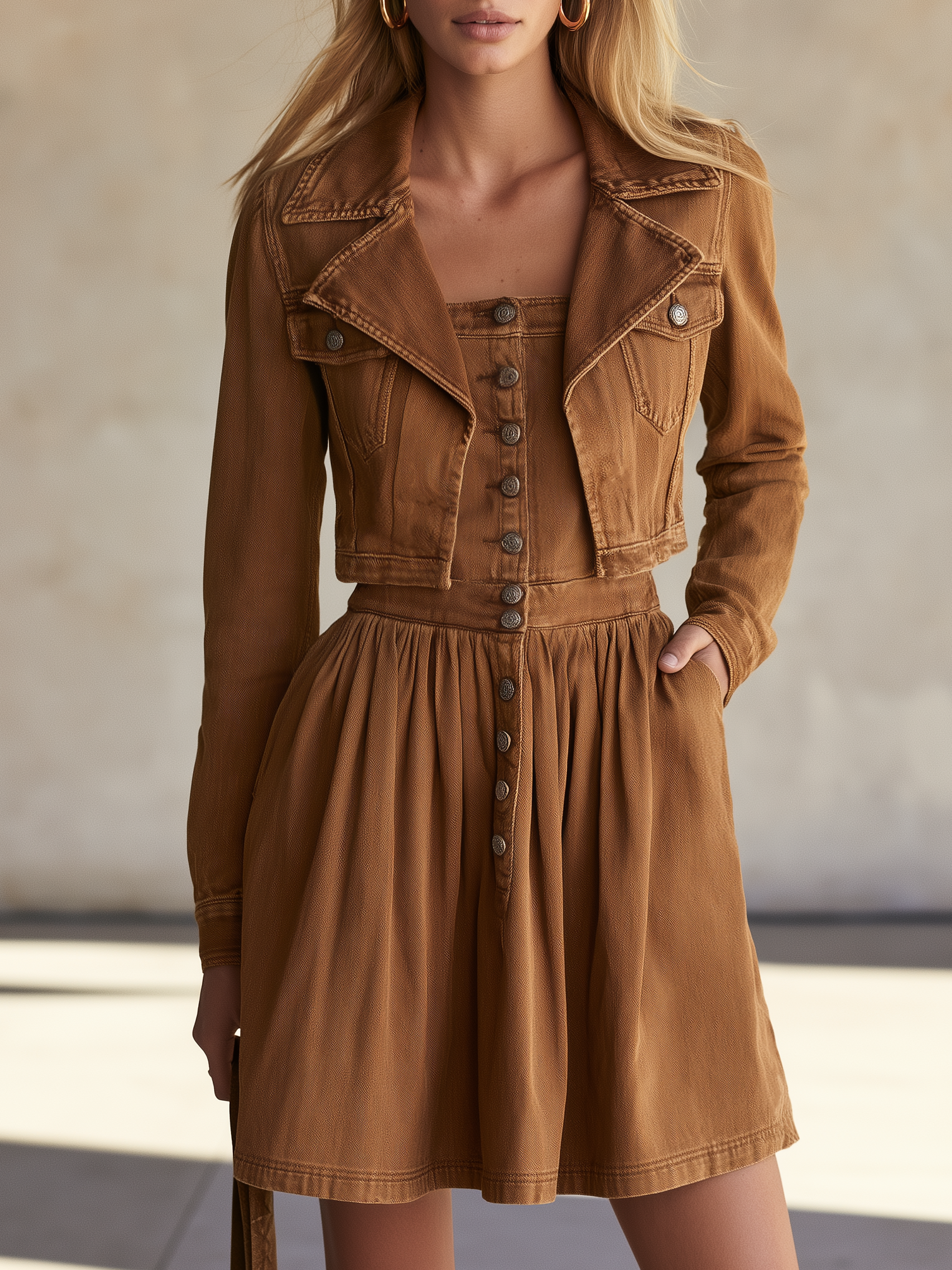 Women’s Brown Faux Two-Piece Denim Dress Button Front Western Mini