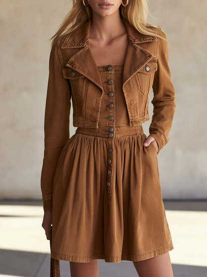 Women’s Brown Faux Two-Piece Denim Dress Button Front Western Mini
