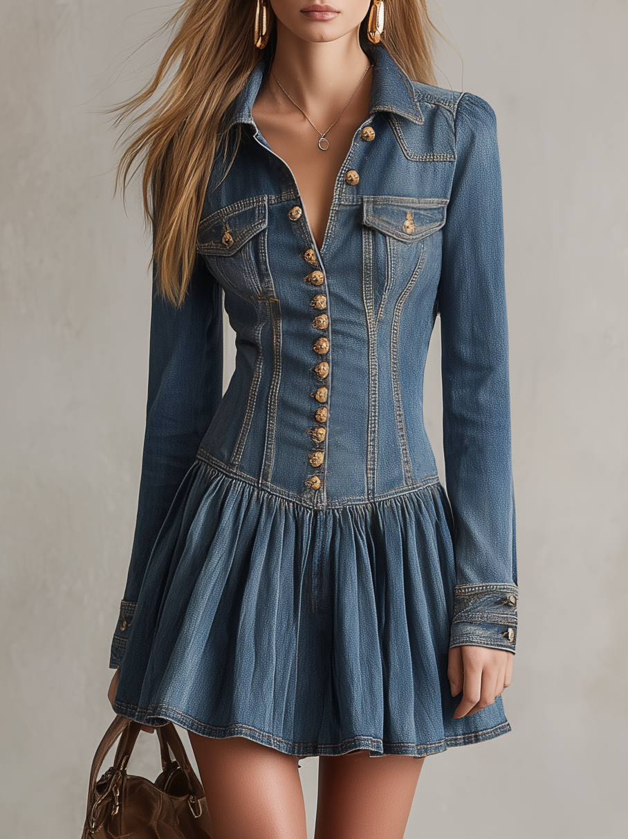 Women’s Western Denim Mini Dress With Pleated Hem