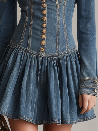 Women’s Western Denim Mini Dress With Pleated Hem