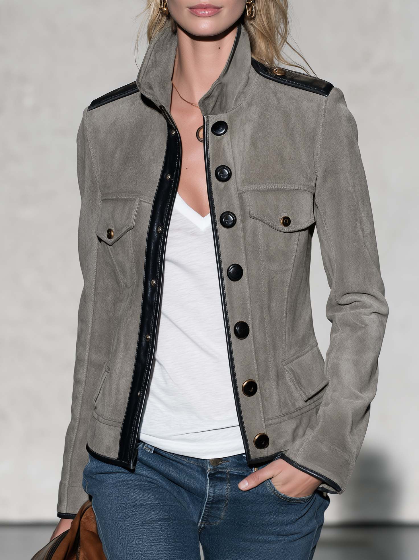 Military Chic Grey Faux Suede Jacket Women Leather Trim Stand Collar Fitted