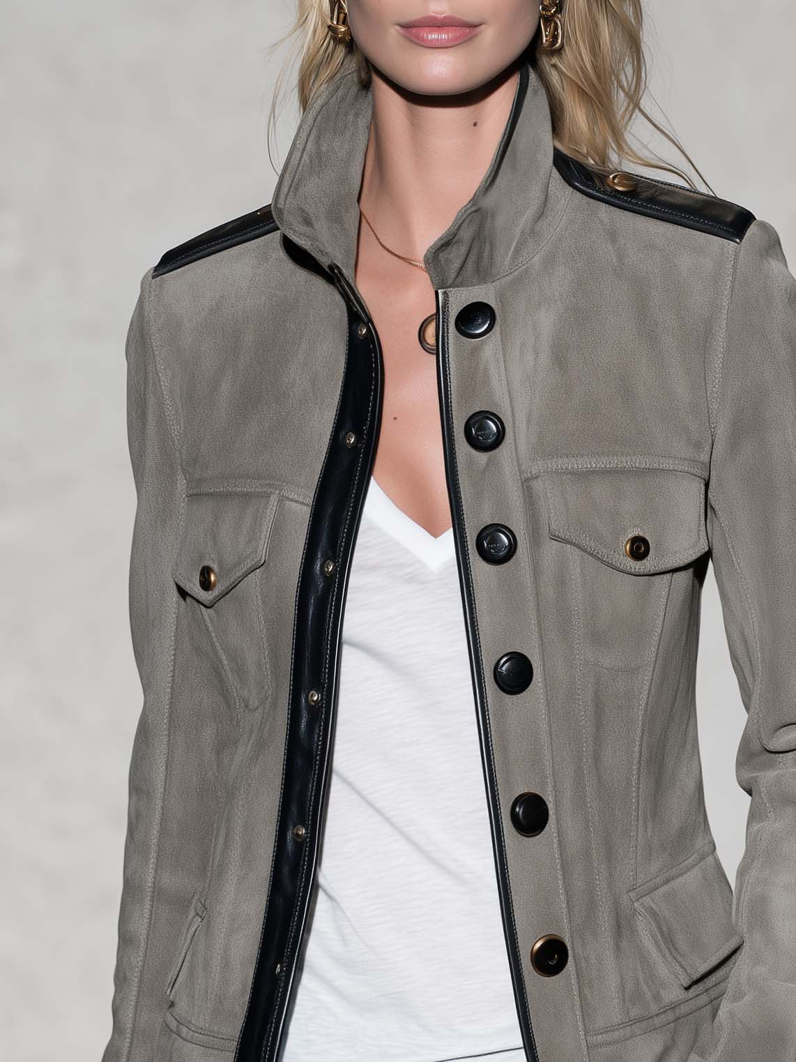 Military Chic Grey Faux Suede Jacket Women Leather Trim Stand Collar Fitted