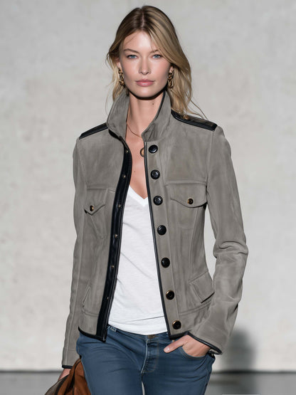 Military Chic Grey Faux Suede Jacket Women Leather Trim Stand Collar Fitted
