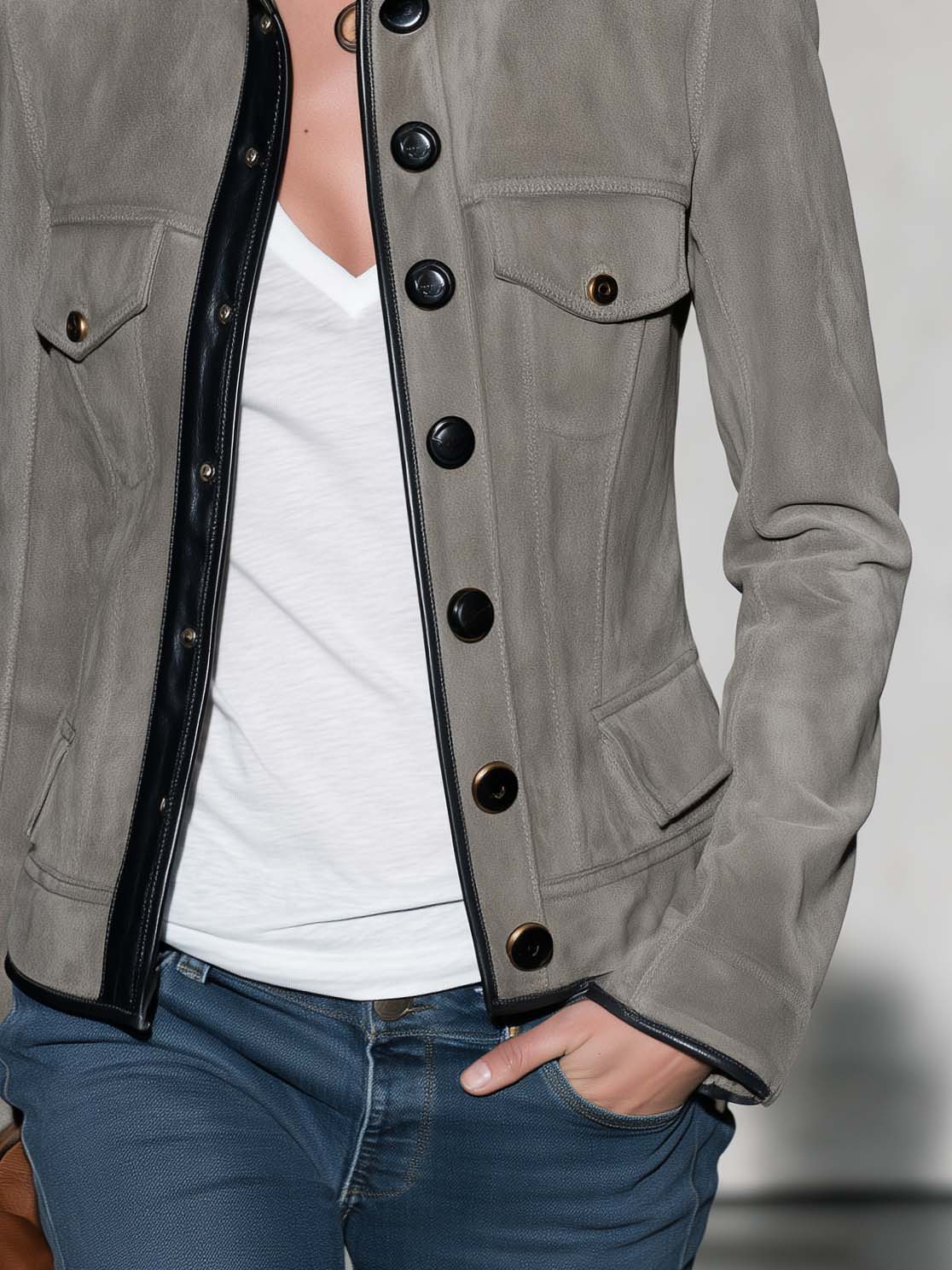 Military Chic Grey Faux Suede Jacket Women Leather Trim Stand Collar Fitted