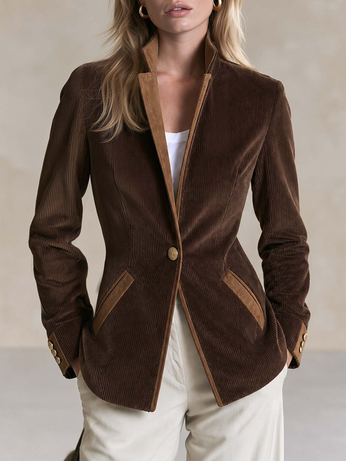 Refined Vintage Style Mandarin Collar Single-button Closure Brown Corduroy Jacket