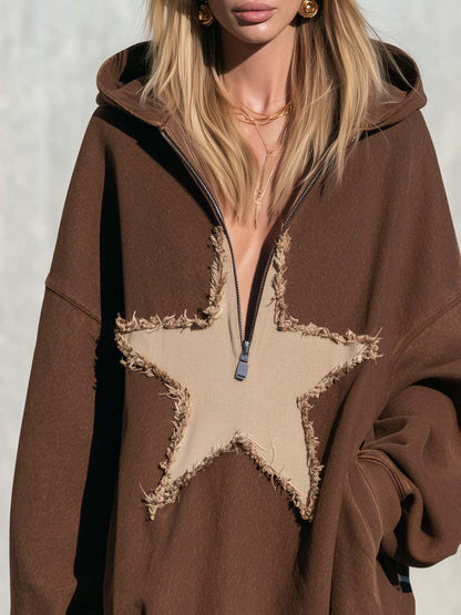 Comfortable Casual Hooded V-neck Star Appliqué Chocolate Cotton Mini Dress