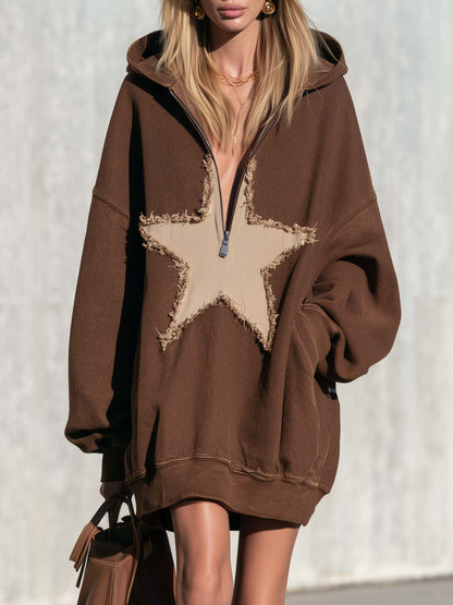 Comfortable Casual Hooded V-neck Star Appliqué Chocolate Cotton Mini Dress