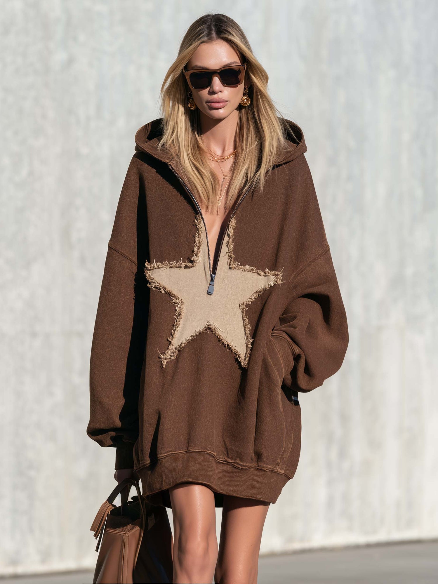Comfortable Casual Hooded V-neck Star Appliqué Chocolate Cotton Mini Dress