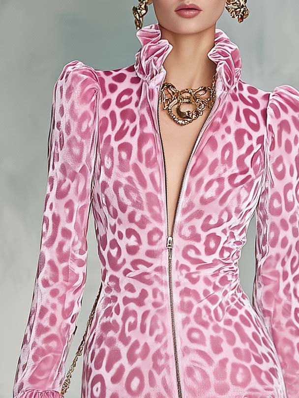 Retro Party Ruffled Stand Collar Front Zipper Leopard Print Light Pink Velvet Mini Dress