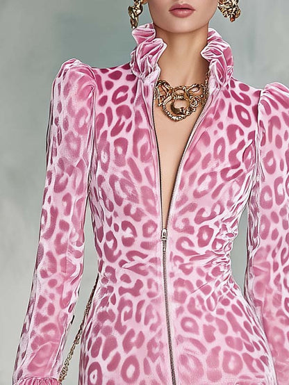 Retro Party Ruffled Stand Collar Front Zipper Leopard Print Light Pink Velvet Mini Dress
