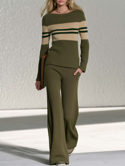 Preppy Olive Green Striped Boat Neck Sweater Wide Leg Pants Knit Set