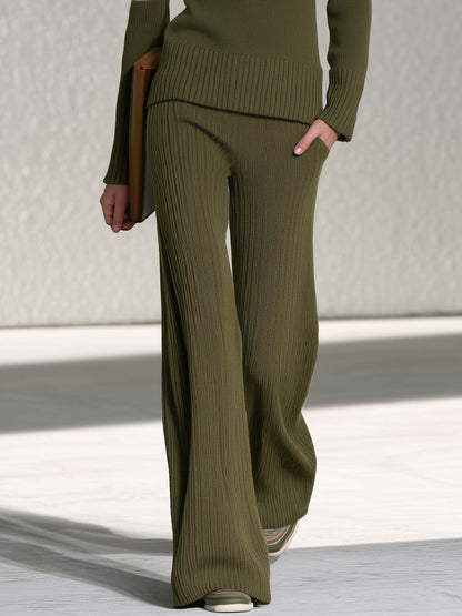 Preppy Olive Green Striped Boat Neck Sweater Wide Leg Pants Knit Set