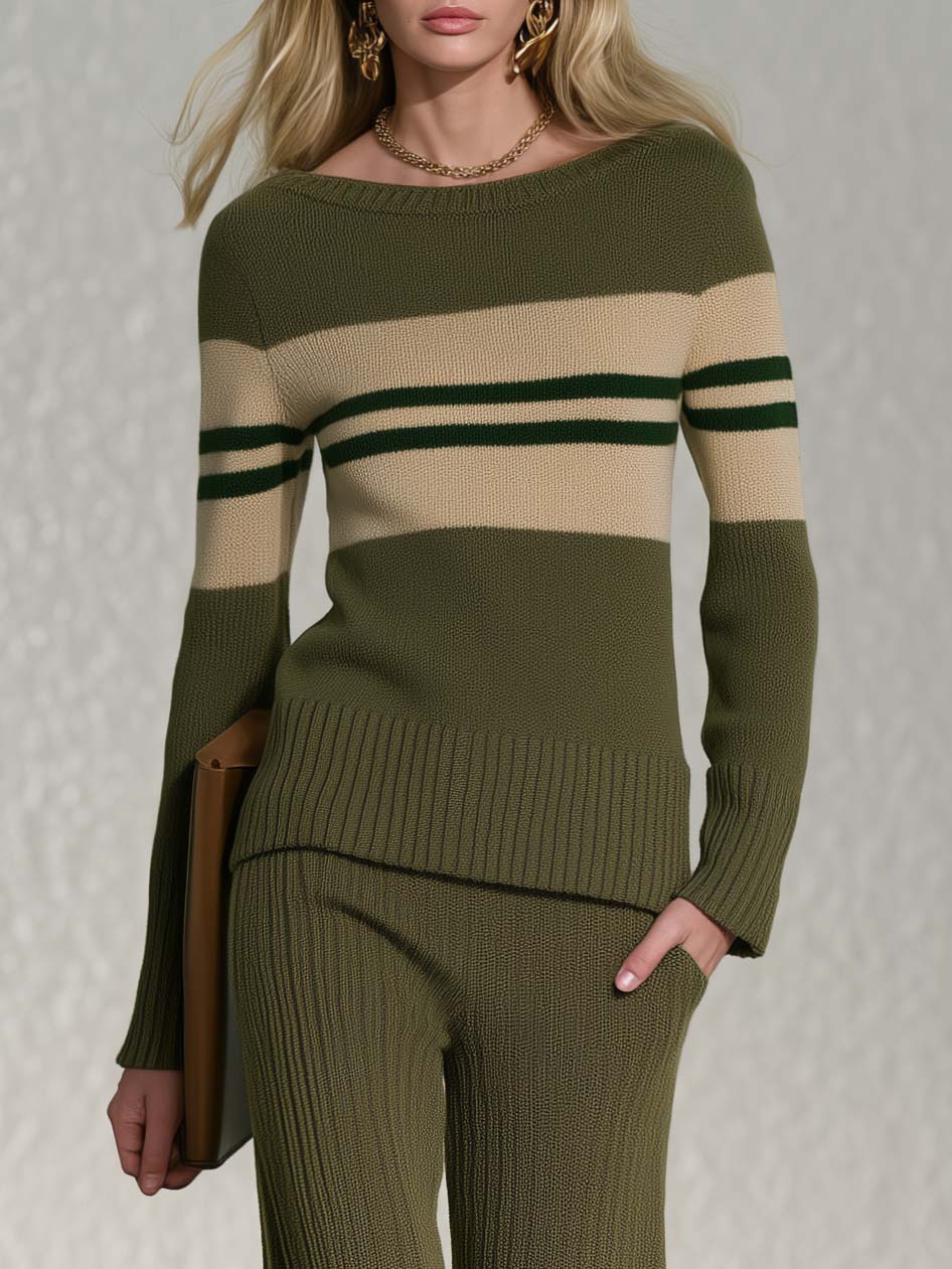 Preppy Olive Green Striped Boat Neck Sweater Wide Leg Pants Knit Set