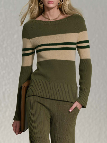 Preppy Olive Green Striped Boat Neck Sweater Wide Leg Pants Knit Set