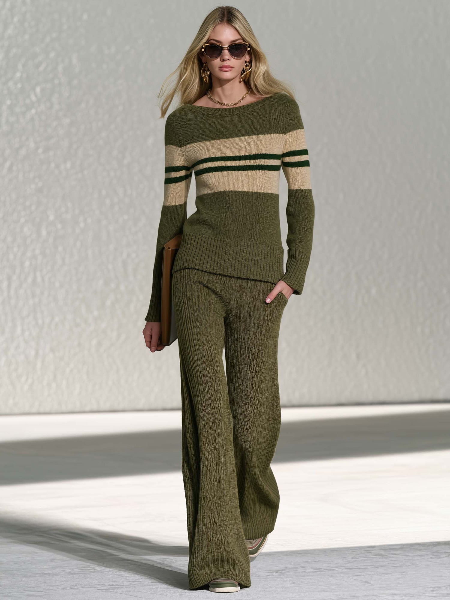 Preppy Olive Green Striped Boat Neck Sweater Wide Leg Pants Knit Set