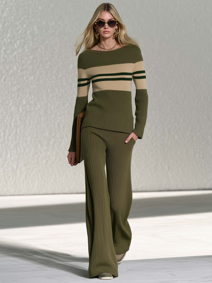 Preppy Olive Green Striped Boat Neck Sweater Wide Leg Pants Knit Set