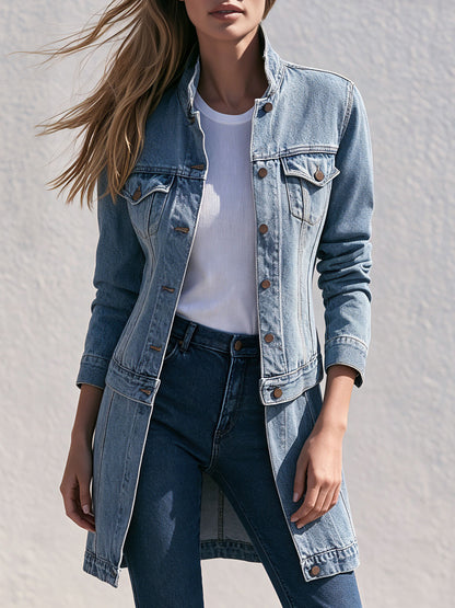 Retro Stand-up Collar Zipper Washed Denim Blue Faux Two-piece Coat