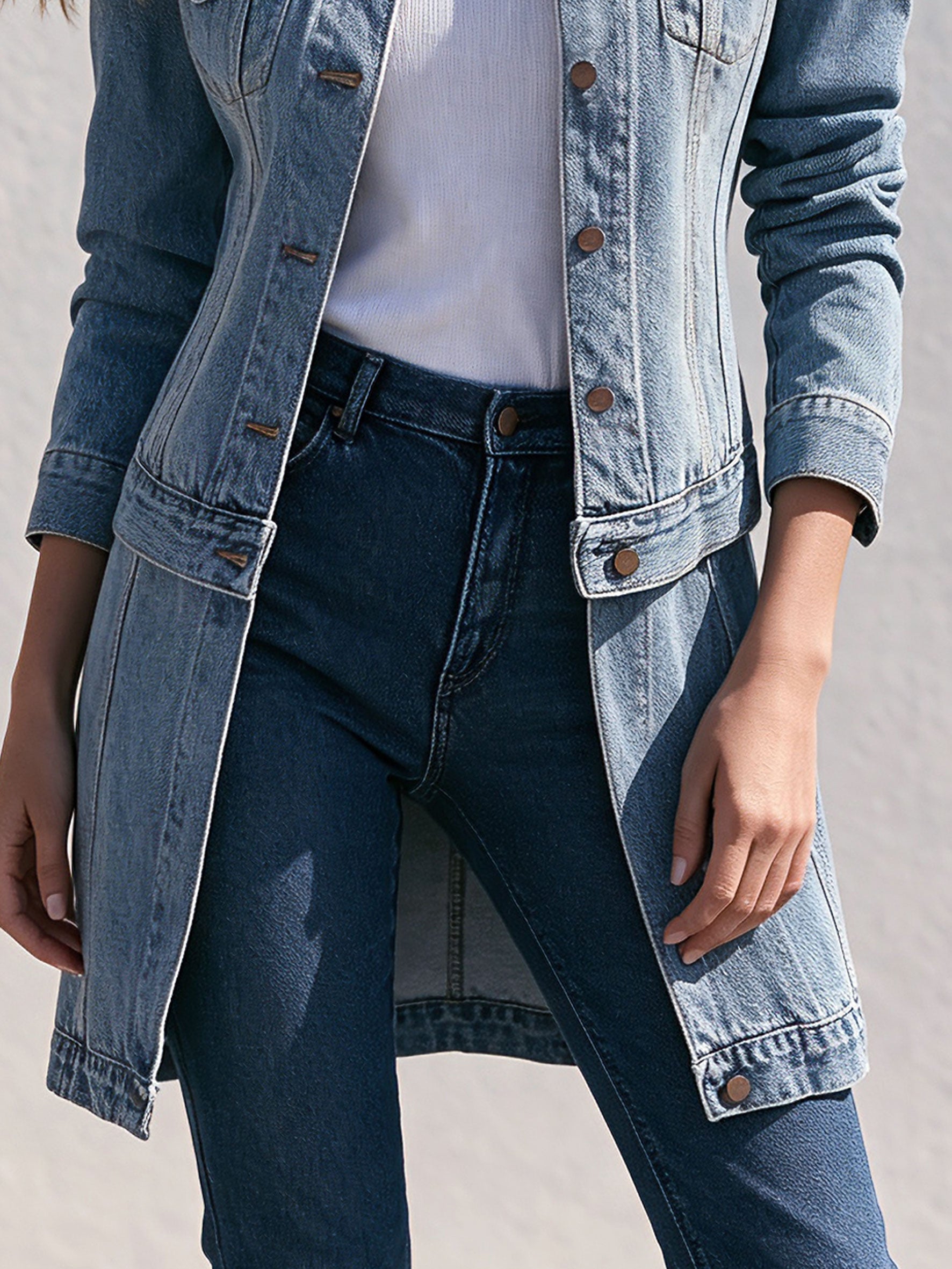 Retro Stand-up Collar Zipper Washed Denim Blue Faux Two-piece Coat