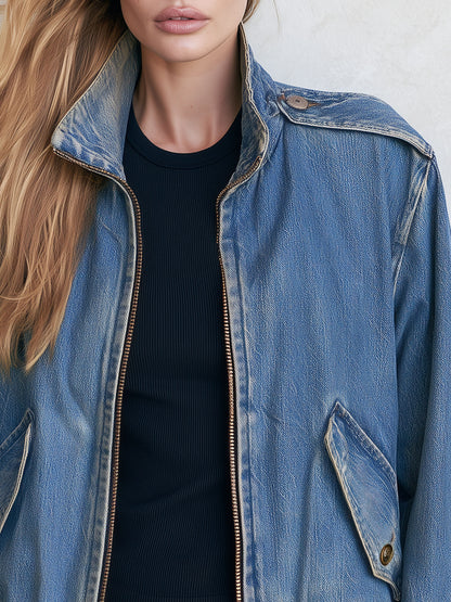 Retro Stand-up Collar Zipper Washed Denim Blue Bomber Jacket
