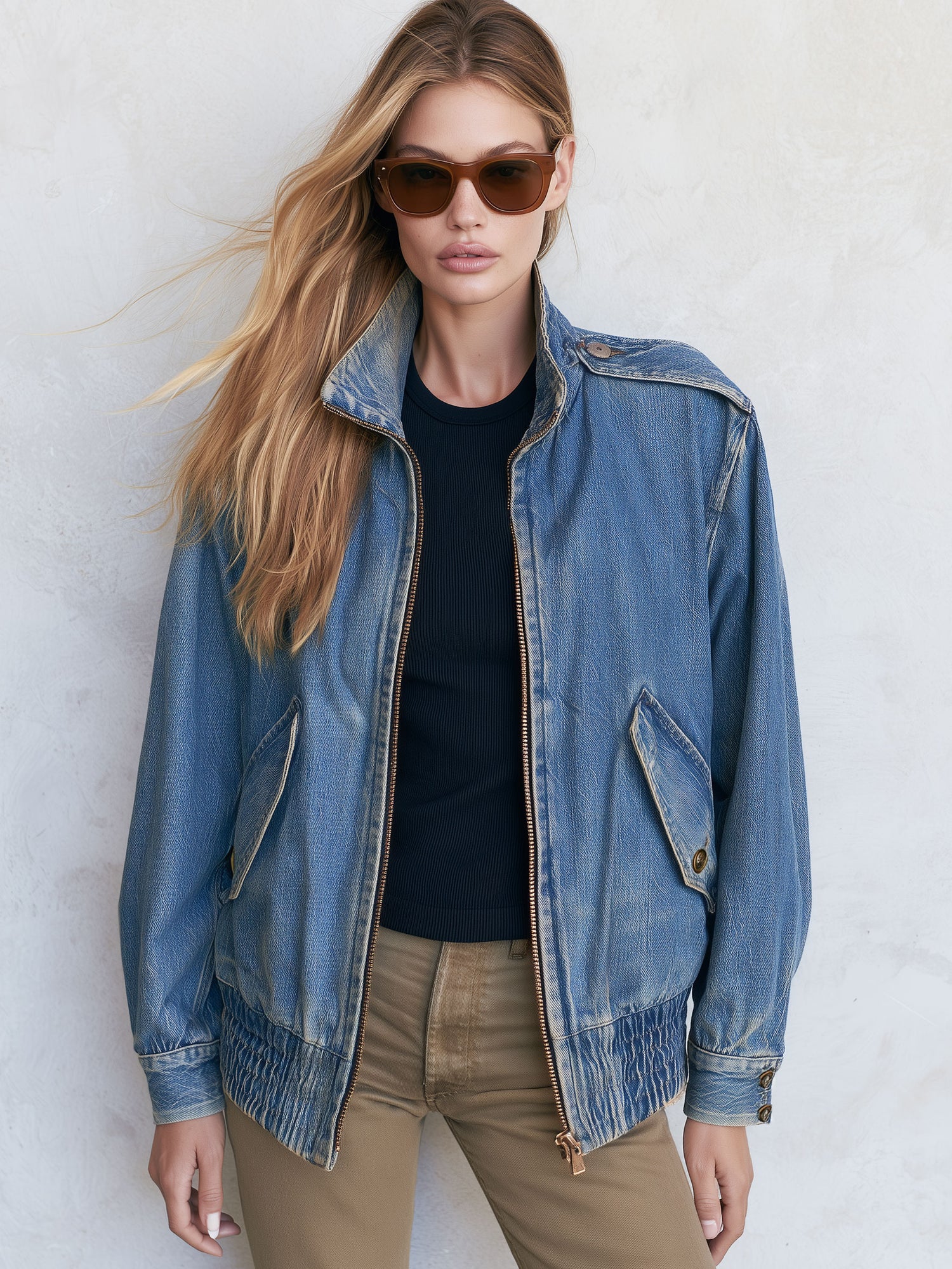 Retro Stand-up Collar Zipper Washed Denim Blue Bomber Jacket