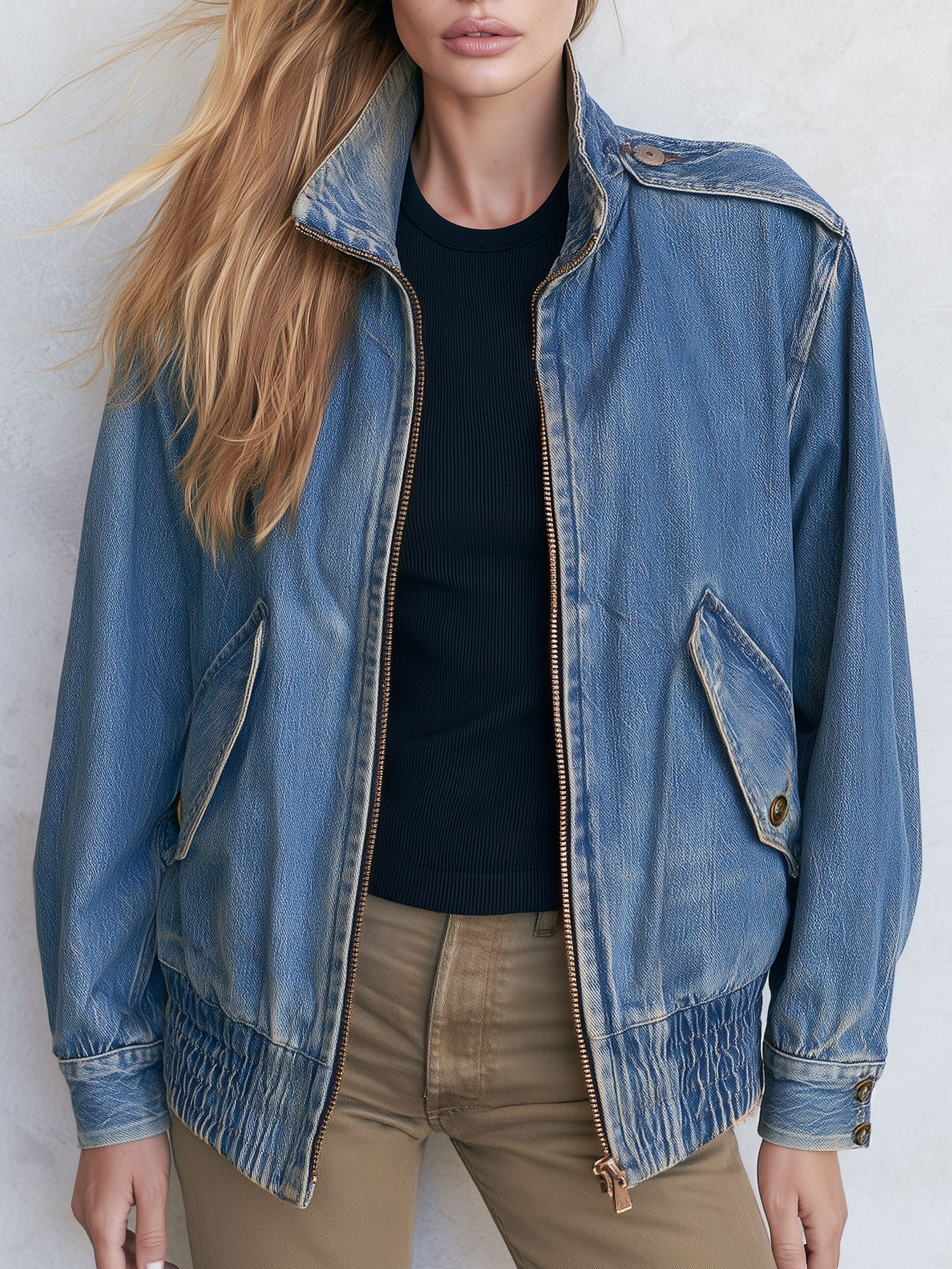 Retro Stand-up Collar Zipper Washed Denim Blue Bomber Jacket
