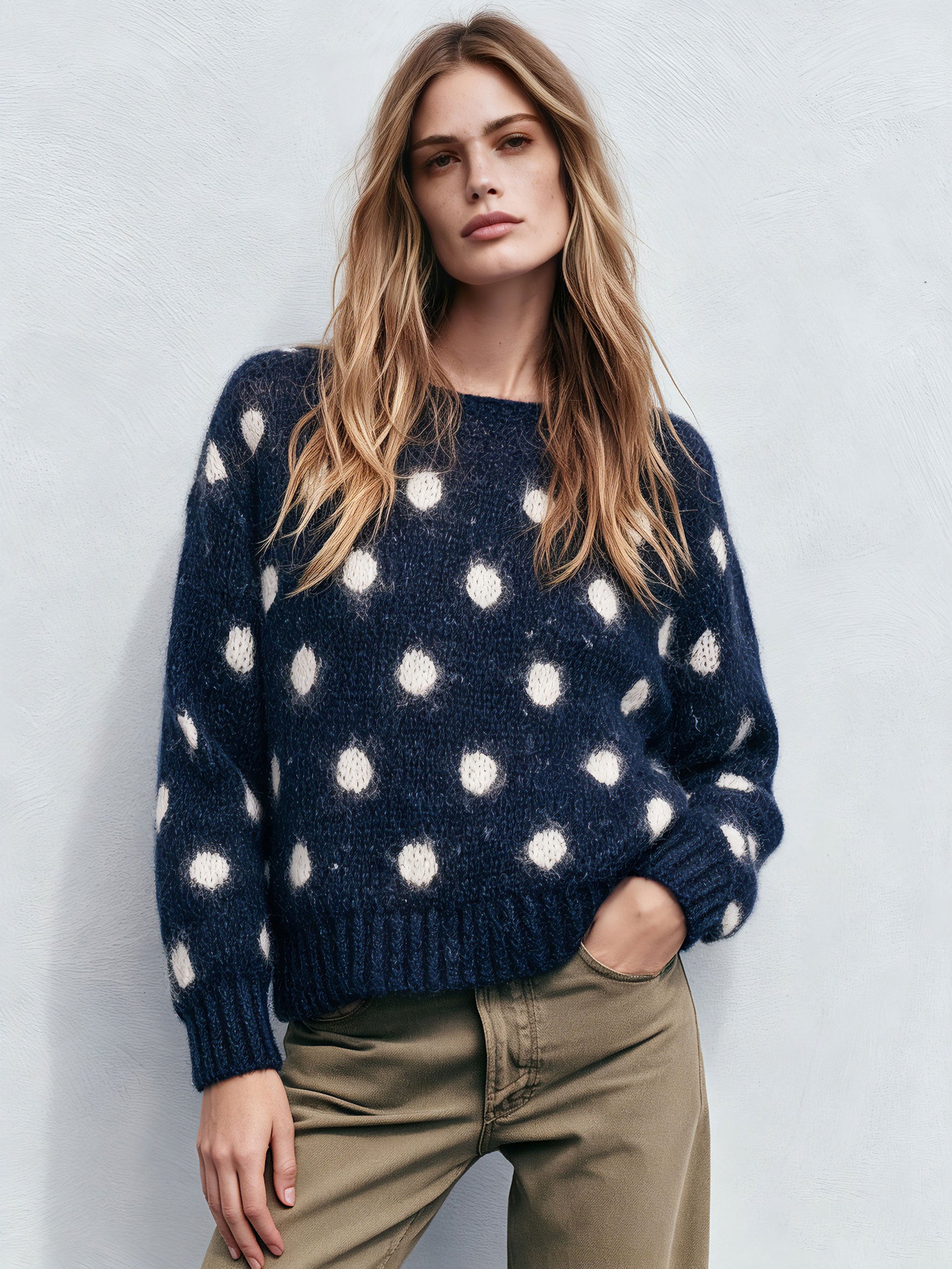 Casual And Warm Round Neck Polka Dot Navy Blue Long-haired Knit Pullover