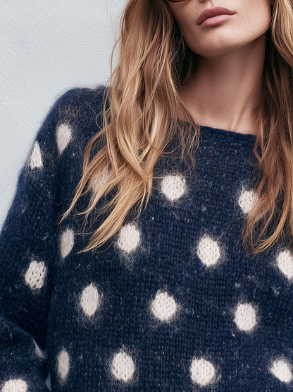 Casual And Warm Round Neck Polka Dot Navy Blue Long-haired Knit Pullover