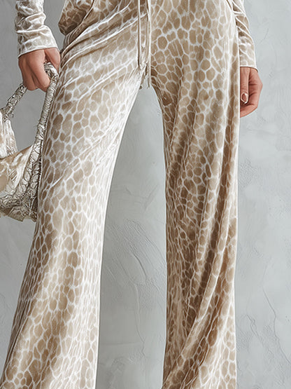 Leopard Print V-Neck Velvet Top and Flare Pants Two-Piece Set