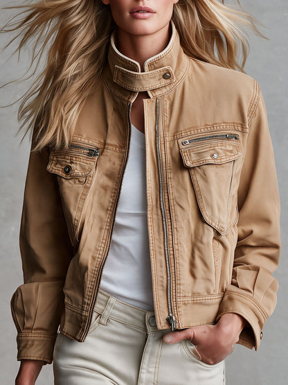 Classic Retro Brown Stand-up Collar Denim Jacket