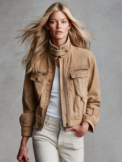 Classic Retro Brown Stand-up Collar Denim Jacket