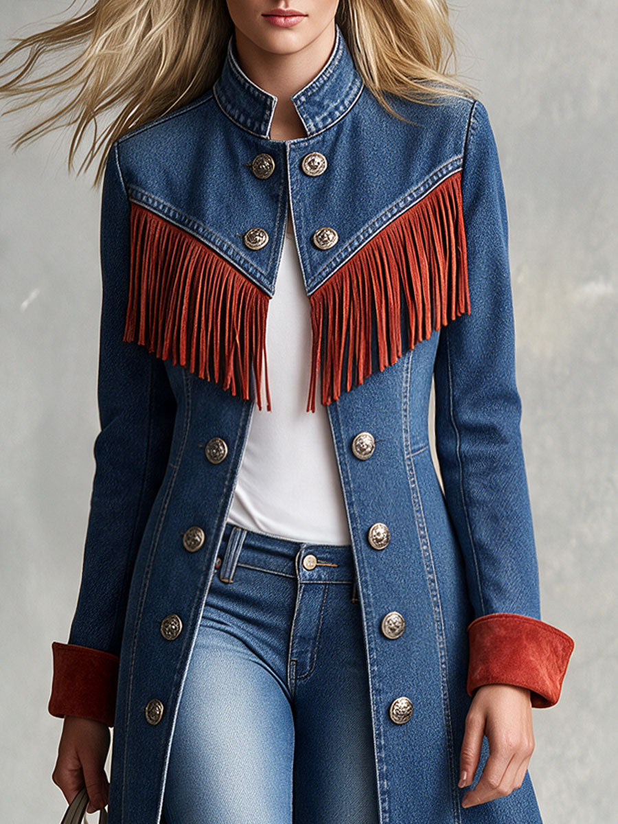 Western Retro Red Tassel Blue Stand-up Collar Double-breasted Denim Coat